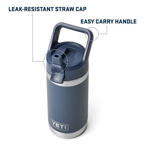 Yeti 12oz navy bottle with leak-resistant straw cap and easy carry handle